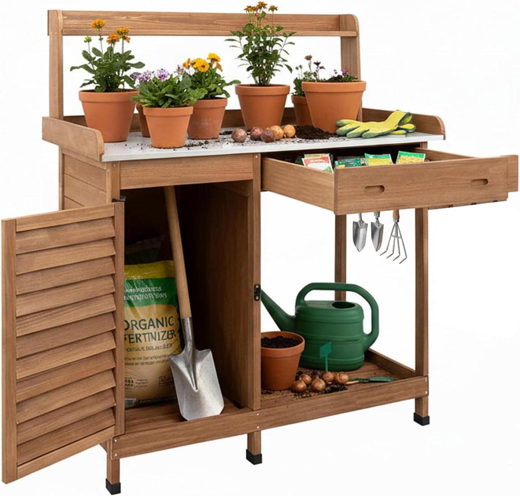 Potting Bench Table Work Bench with Storage Cabinet Outdoor Wooden Garden Workstation with Metal Tabletop/Drawer/Hooks/Open Shelf(41" LX 12.5" W X 49.2" H)