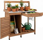 Potting Bench Table Work Bench with Storage Cabinet Outdoor Wooden Garden Workstation with Metal Tabletop/Drawer/Hooks/Open Shelf(41" LX 12.5" W X 49.2" H)