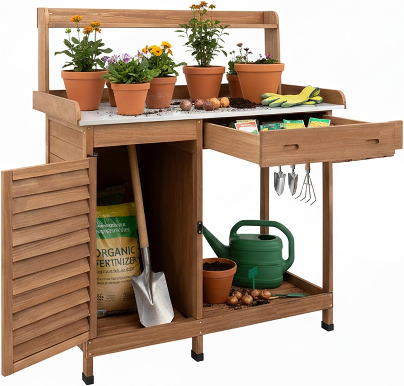 Potting Bench Table Work Bench with Storage Cabinet Outdoor Wooden Garden Workstation with Metal Tabletop/Drawer/Hooks/Open Shelf(41" LX 12.5" W X 49.2" H)