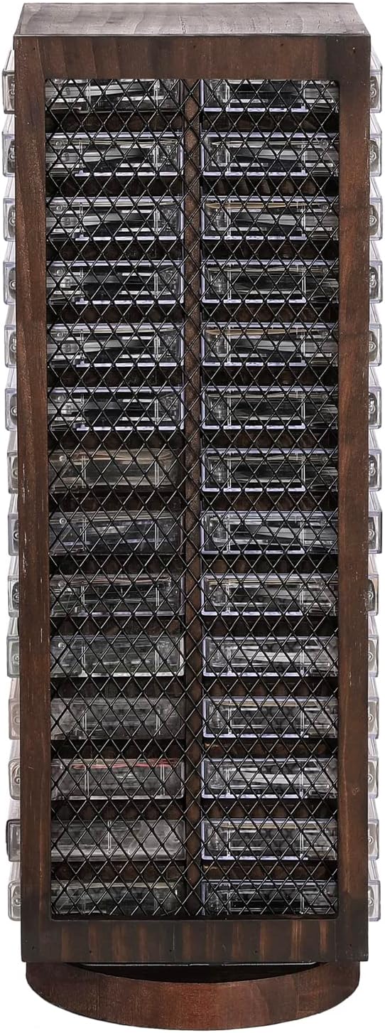 FARM IN Cassette Tape Storage, 360-Degree Rotatable Design Farmhouse Style Cassette Rack Tower, Double-Sided 28-Slot, Rustic Solid Burnt Wood & Diamond Metal Wire Mesh