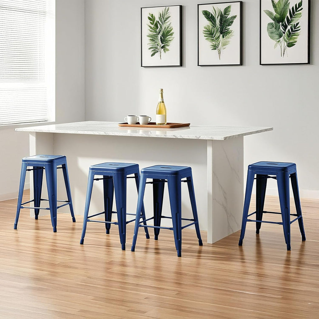 Sweetcrispy Metal Bar Stools Set of 4, 24 Inch Stackable Restaurant Classic Trattoria Metal Chairs, Backless Counter Height Barstool Chairs for Dining Room, Kitchen Island, Indoor Outdoor Use, Blue