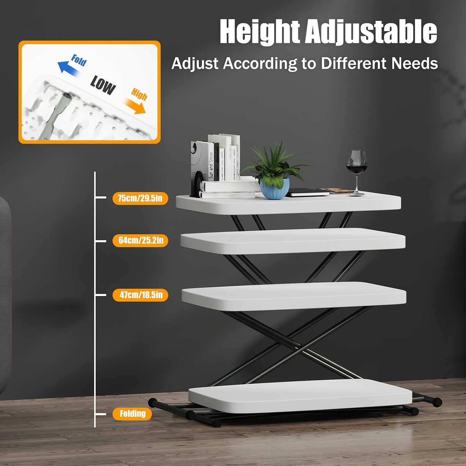 Adjustable Folding Laptop Table TV Tray, Multi-Functional Sturdy Durable Personal Table, No-Assembly Portable, for Home Office Writing, Picnic, Party, White