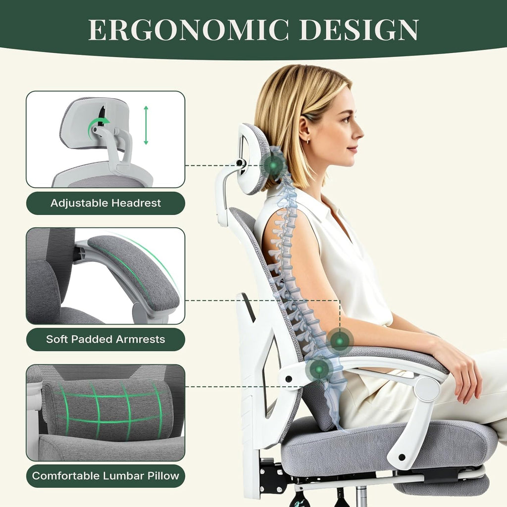Ergonomic Office Chair with Footrest, High Back Home Desk Chair with Lumbar Support & Headrest, 90-135° Reclining Mesh Back Computer Chair with Wheels for Work, Gaming, Grey
