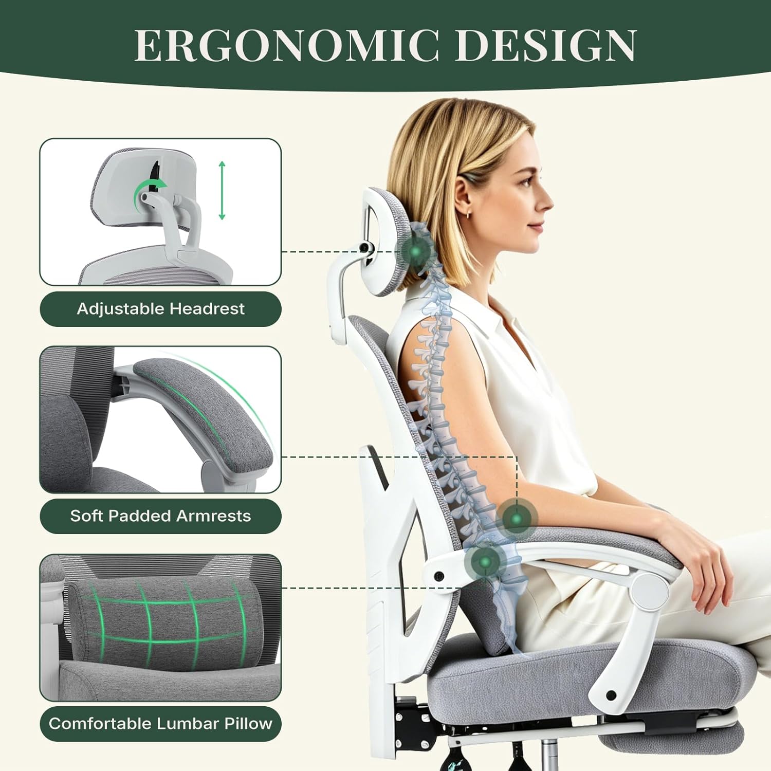 Ergonomic Office Chair with Footrest, High Back Home Desk Chair with Lumbar Support & Headrest, 90-135° Reclining Mesh Back Computer Chair with Wheels for Work, Gaming, Grey