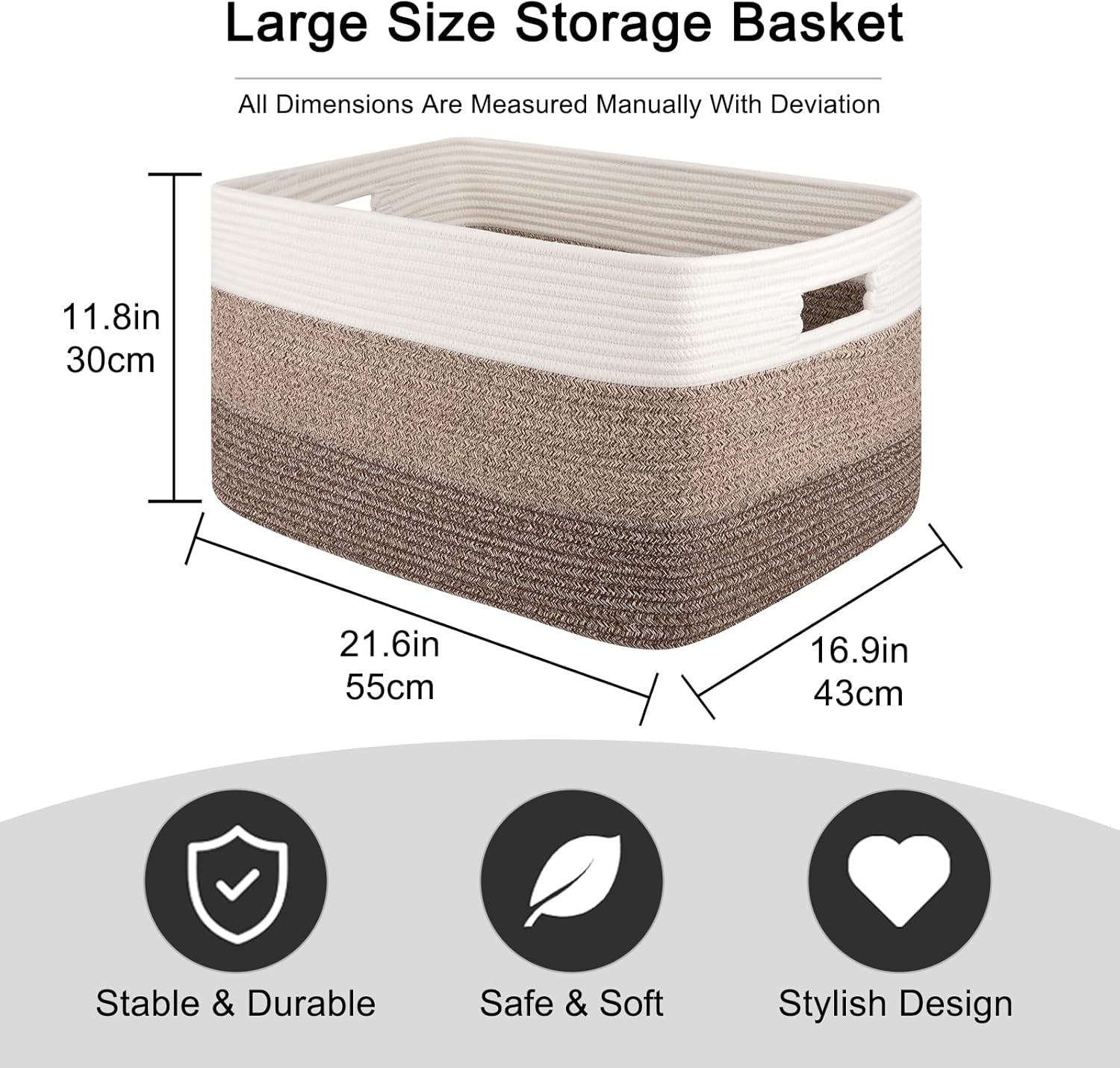 OIAHOMY Large Blanket Basket For Living Room, Rectangle Woven Baskets for Storage, Nursery Toy Storage With Handle-22”x17”x12”-Gradient Dark Brown