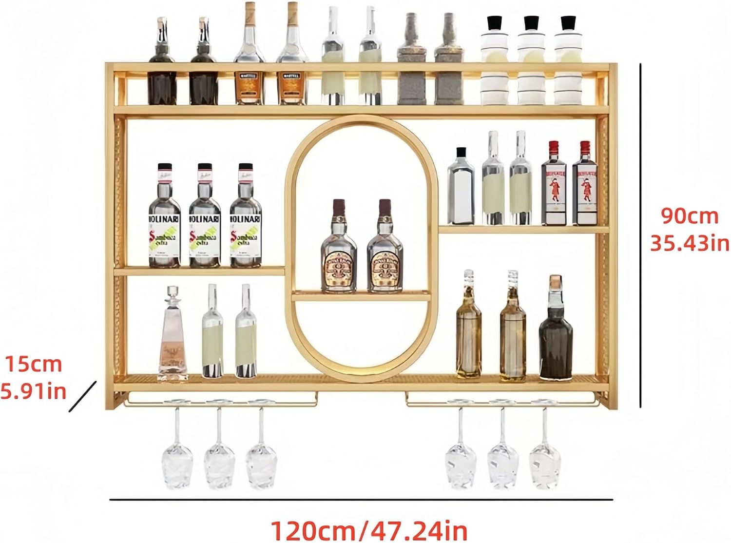 47" Upgrade Metal Wall Mounted Wine Rack, 3 Tier Bar Shelves with Glass Holder, Large Capacity Modern Liquor Shelves for Home Bar, Dining Room & Kitchen, Gold
