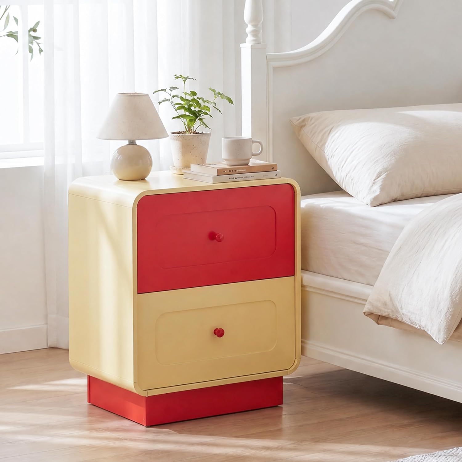 Red and Yellow Nightstand with Safe Curved Edges 2 Drawers for Kids Bedroom | ANBUY Modern Wooden Bedside Table for Toddler Room, End Table , Cute Side Table for Living Room, Nursery, Hallway