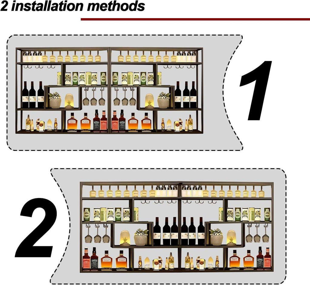 Black Wall Mounted Wine Rack with Hanging Stemware Glass Holder, 4 Tier Liquor Bottle Display Shelf, Floating Bar Storage Organizer for Home, Kitchen, Restaurant, Liquor Cabinet Decor (Gold, 95in)
