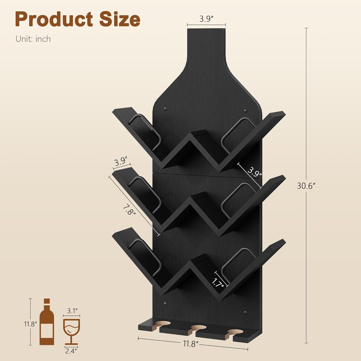 Hoctieon Wine Rack Wall Mounted, 6 Bottles Wood Wine Rack for Display and Storage, Hanging Bottle Holder Bar Shelves for Living Room, Kitchen, Dining Room, Wine Cellar, Black