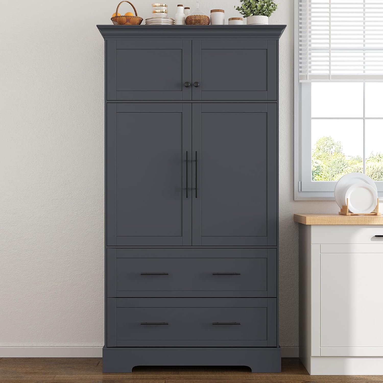 Farmhouse Freestanding Kitchen Pantry, 72.6''H Tall Wooden Kitchen Storage Cabinet with 2 Doors, Pull-out Trays, 2 Drawers and Cake Pan Storage Organizer for Dining Room Living Room (Grey-1.12)