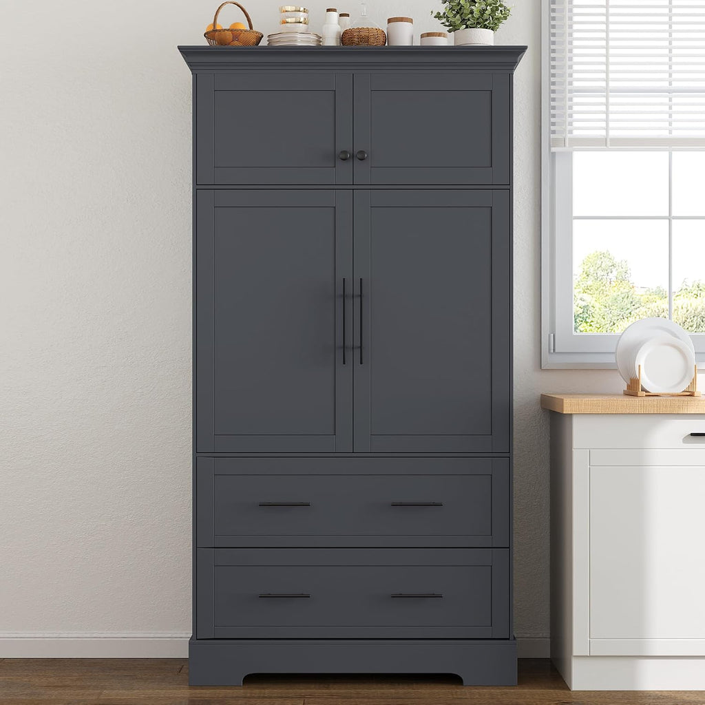 SOFTSEA Kitchen Pantry Storage Cabinet with Pull-Out Trays, Drawers and Cake Pan Storage Organizer, Freestanding Hutch with Doors, Grey
