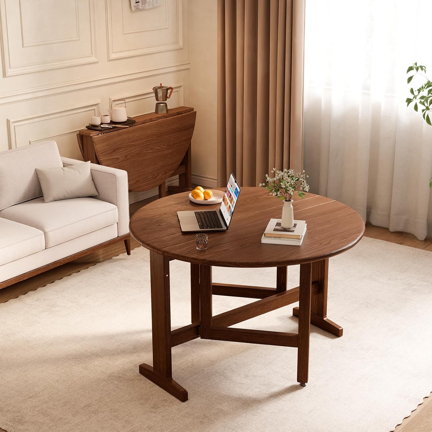 47.2" Solid Wood Small Round Dining Table, 3 in 1 Space Saving Folding Dining Table, Foldable Kitchen Table for 2-6, Round Table with Leaf, Wooden Folding Table Drop Leaf Tables for Small Spaces