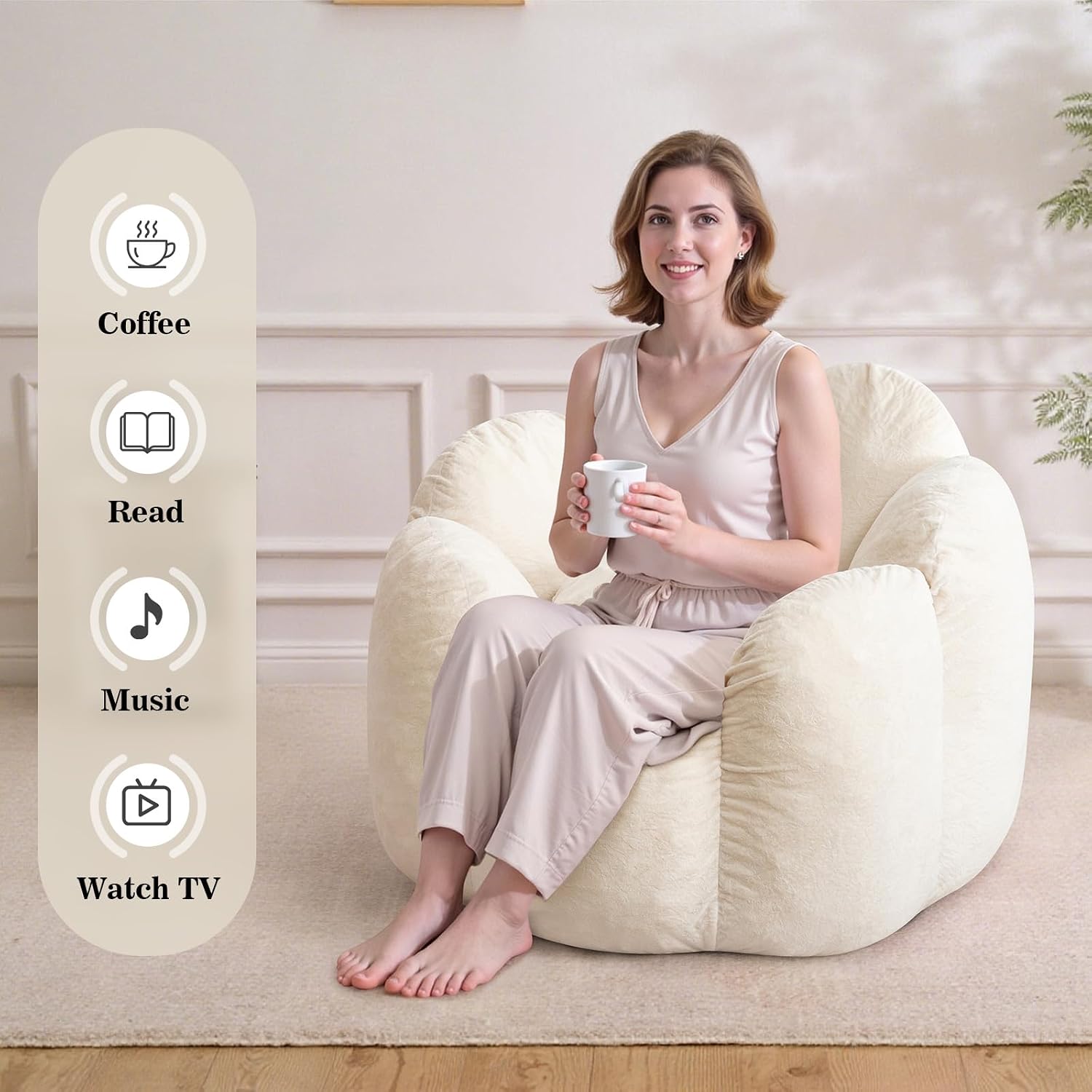 HOMMPA Bean Bag Chair for Adults Comfy Velvet Bean Bag Couch with Back Support Flower Shaped Oversized Sofa for Living Room,Bedroom,Dorm,Beige