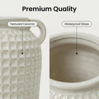 White Ceramic Vase with Handles | Farmhouse Boho Style, Textured Waffle Weave, Table Decor, For Pampas Grass