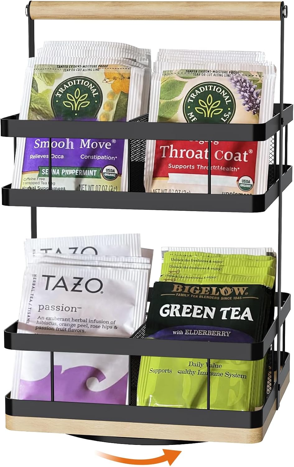 Tea Bag Organizer, 2-Tier 360° Rotating Tea Bag Holder Organizer, 8-Baskets Tea Holder Accessories Holds 120+ Tea Bags, Gift for Decor Kitchen, Cabinet, Bar Countertop Storage