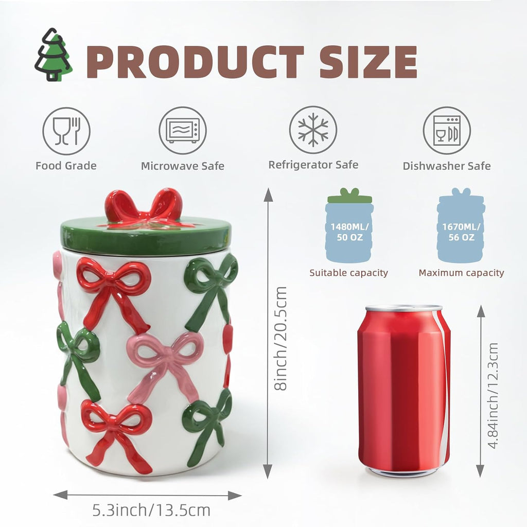 DIF DECO Christmas Ceramic Food Storage Jars with Lid, 56 OZ Xmas Hand-Painted Red and Green Bow Kitchen Containers for Coffee, Cookie, Snacks, Tea, Spice, Cereal, Nut, Flour