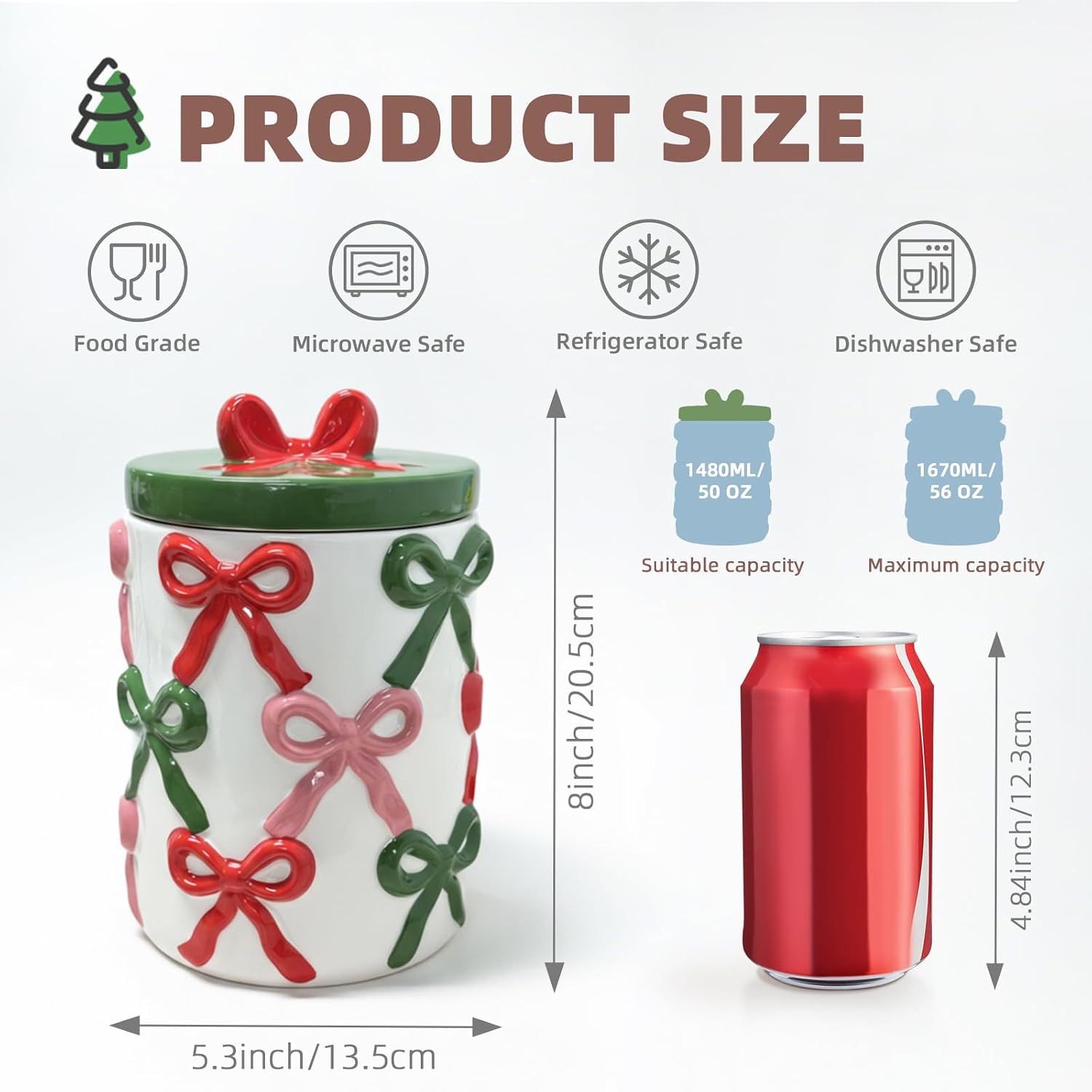 DIF DECO Christmas Ceramic Food Storage Jars with Lid, 56 OZ Xmas Hand-Painted Red and Green Bow Kitchen Containers for Coffee, Cookie, Snacks, Tea, Spice, Cereal, Nut, Flour