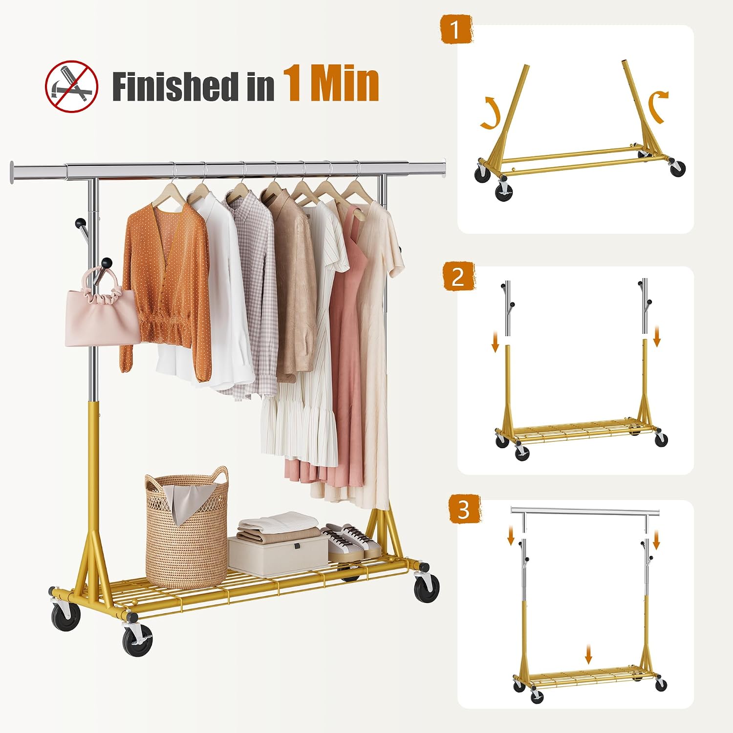 Gewudraw Rolling Clothes Rack Load 530lbs,Heavy Duty Garment Rack With Sturdy Wheel And Shelves, Adjustable Portable Hanging Rack For Clothes, Gold
