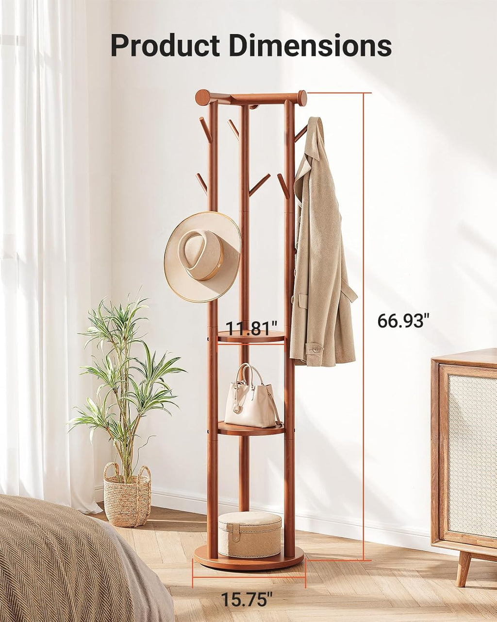 Pipishell Rolling Pine Wood Coat Rack, Freestanding Coat Tree with Wheels, 9 Hooks, T-Shaped Top & 3-Tier Shelves for Entryway, Hallway, Bedroom, Hall Tree for Coats, Bags, Hats & Scarves
