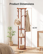 Pipishell Rolling Pine Wood Coat Rack, Freestanding Coat Tree with Wheels, 9 Hooks, T-Shaped Top & 3-Tier Shelves for Entryway, Hallway, Bedroom, Hall Tree for Coats, Bags, Hats & Scarves