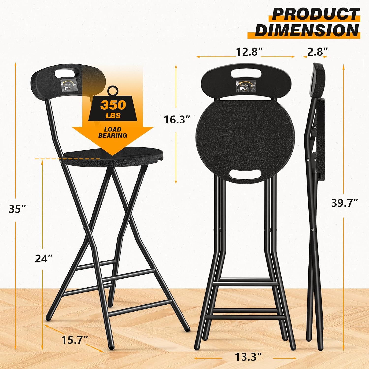 5Rcom Folding Stool, 1 Pack 24 inch Folding Bar Stool with Backrest and Handle, Foldable Stools for Adults Up to 350lbs, Collapsible Round Folding Counter Height Stool Chair for Camping Kitchen
