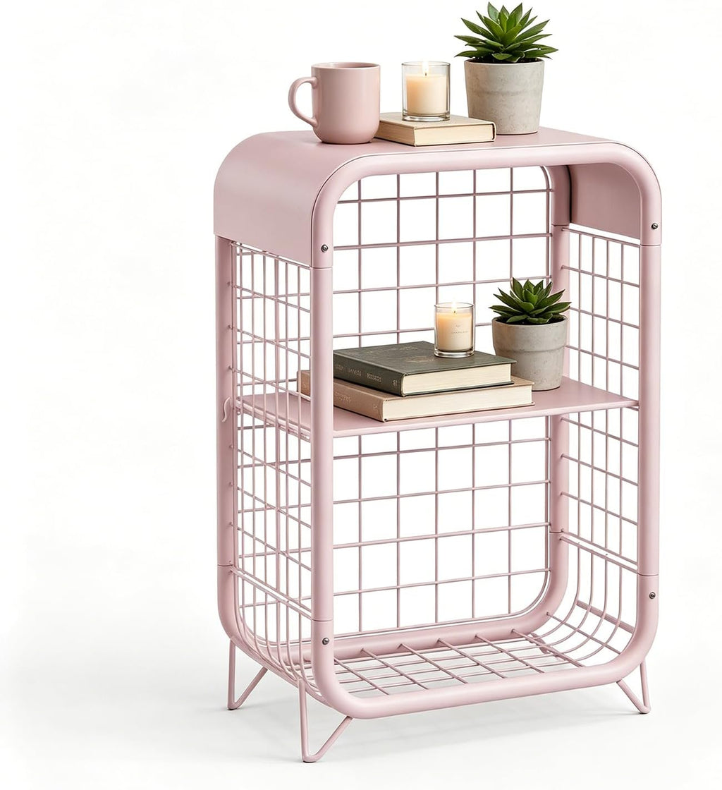 3-Tier Pink Metal Side Table, Small End Table for Small Spaces, Narrow Nightstand with Storage Shelves, Child's Room Bedside Table, Multi-Functional Metal Furniture for Office, Living Room