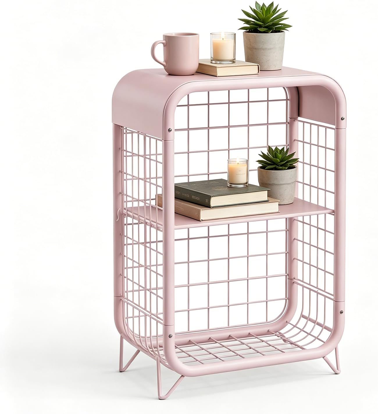 3-Tier Pink Metal Side Table, Small End Table for Small Spaces, Narrow Nightstand with Storage Shelves, Child's Room Bedside Table, Multi-Functional Metal Furniture for Office, Living Room