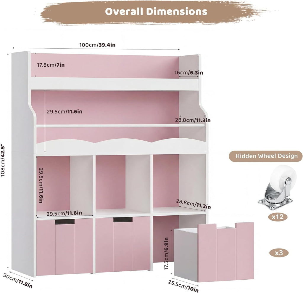 HITHOS Kids Toy Storage Organizer with Bookshelf, Multifunctional Book Shelf with 3 Movable Toy Organizers for Kids Room, Kids Bookcase and Toy Box, Toy Storage Chest for Playroom, Pink