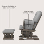 Child Craft Cozy Glider Rocker and Ottoman Set, Smooth Quiet Gliding Motion, Padded Cushion with Convenient Storage Pockets, Solid Wood Base & Frame (Dapper Gray with Light Gray Cushion)