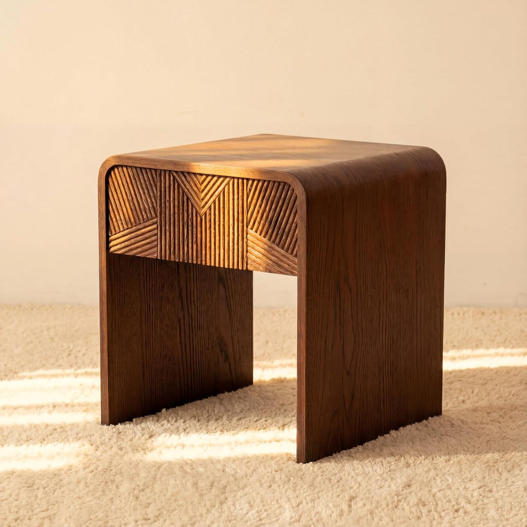 Vista End Table White Oak Side Table with Sculpted Slat Detail, Modern Small Accent Table Fluted Wood Nightstand Brown Finish Sofa Side Table for Living Room, Bedroom