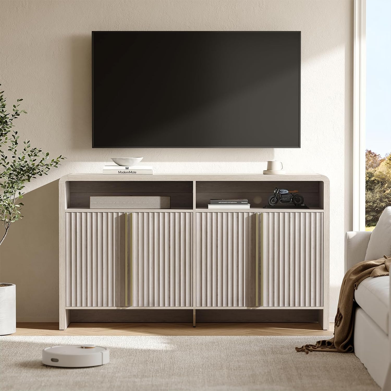 ModernMate 59" Sideboard Buffet Cabinet with Storage, Modern Fluted 4-Door Credenza Accent Cabinet with Open Storage Shelf, Curved Coffee Bar Table, Large Storage Cabinet for Living Room, Entryway