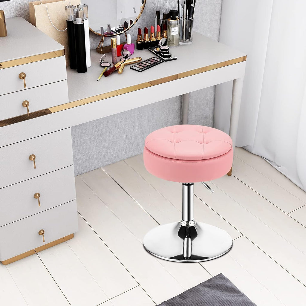 COSTWAY Counter Height Bar Stool, Tufted PU Leather 20"-26" H Adjustable Swivel Vanity Chair with Removable Tray Top and Storage Space, Modern Round Ottoman for Makeup Kitchen Island Shop, Pink