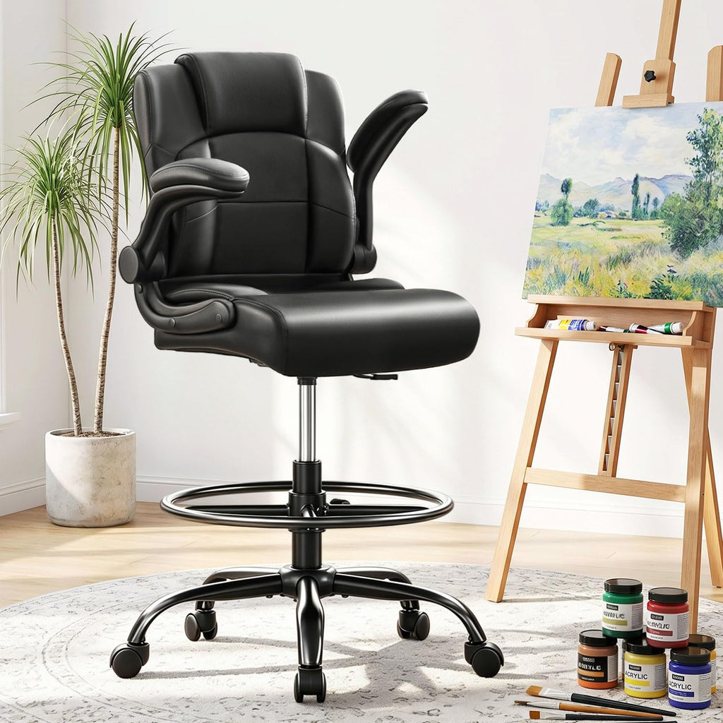 Pu Leather Drafting Chair,Tall Office Chair for Standing Desk with Footring,Counter Height Adjustable High Office Chair with Flip-up Armrests for Home,Drawing