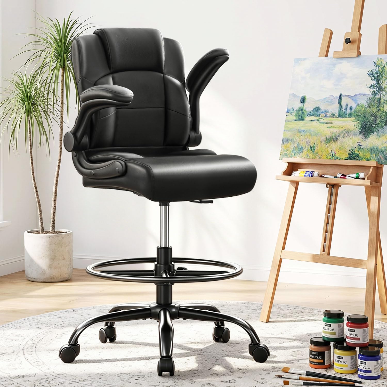 Pu Leather Drafting Chair,Tall Office Chair for Standing Desk with Footring,Counter Height Adjustable High Office Chair with Flip-up Armrests for Home,Drawing