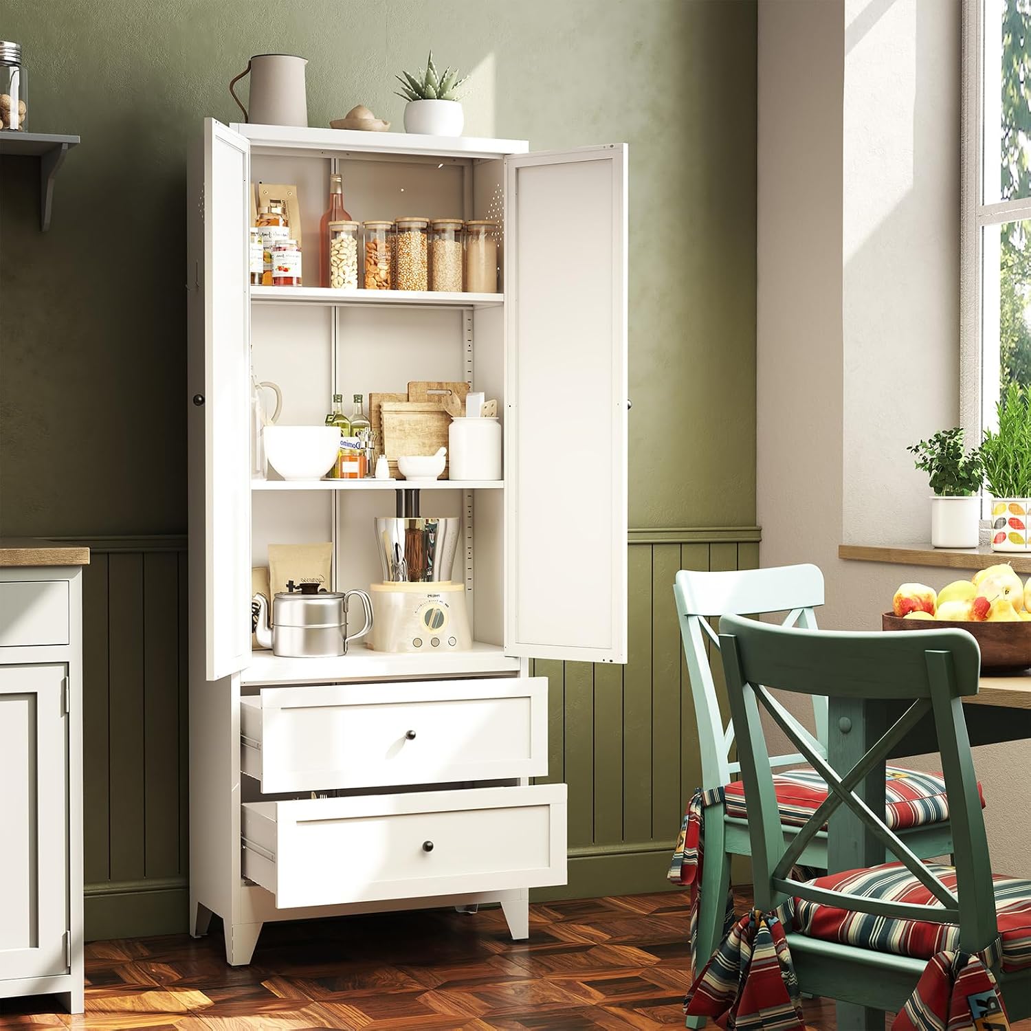 72 inch Pantry Cabinet with 2 Drawers, Freestanding Kitchen Storage Cabinet with Adjustable Shelves, Heavy-Duty Organizer for Kitchen, Pantry, Dining Room