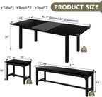 iPormis Extendable Dining Table Set for 4 6 8, Black Kitchen Table with 2 Benches and 2 Square Stools, Classic Dining Room Table with Stable Metal Base, Space Saving