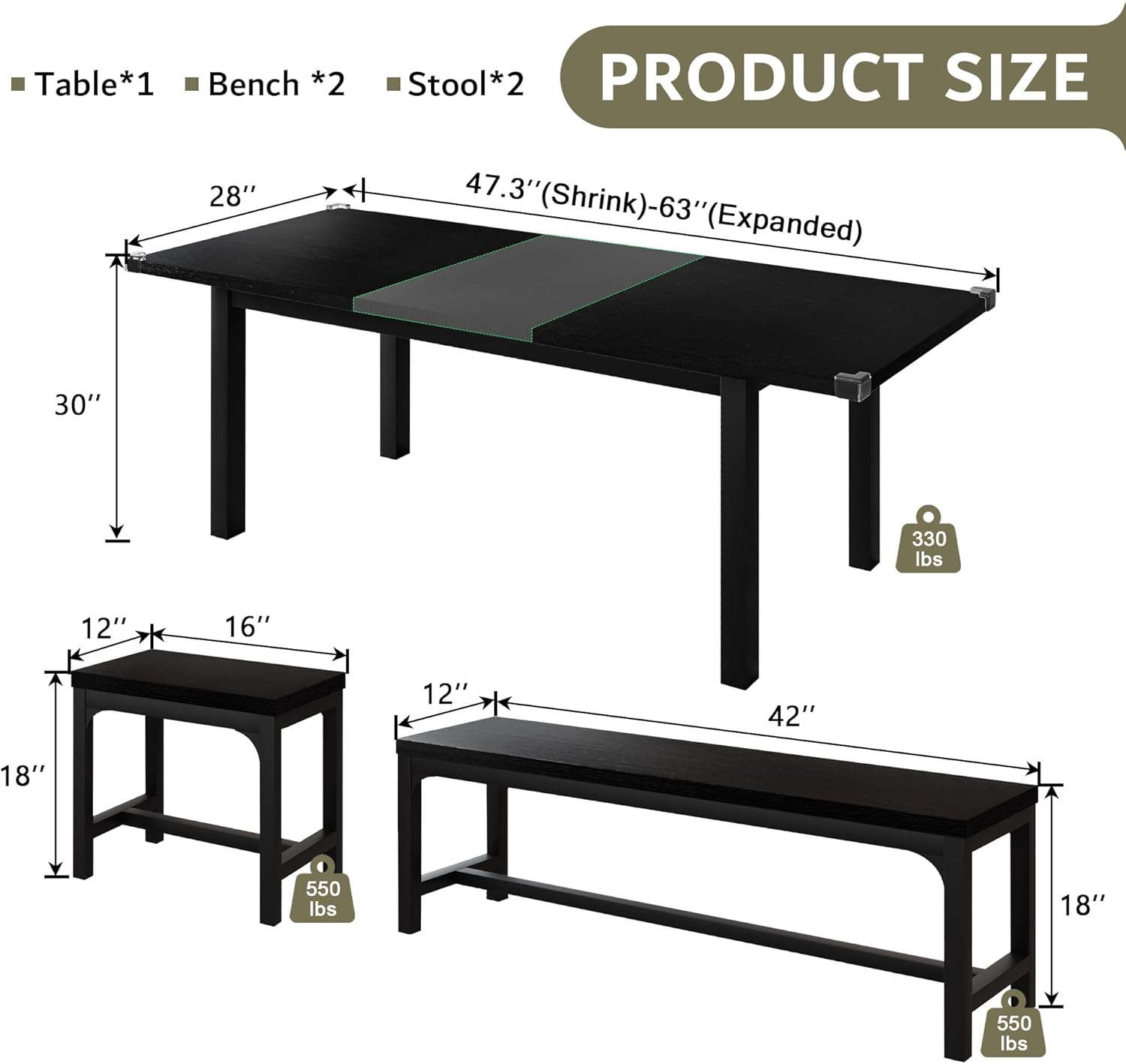 iPormis Extendable Dining Table Set for 4 6 8, Black Kitchen Table with 2 Benches and 2 Square Stools, Classic Dining Room Table with Stable Metal Base, Space Saving