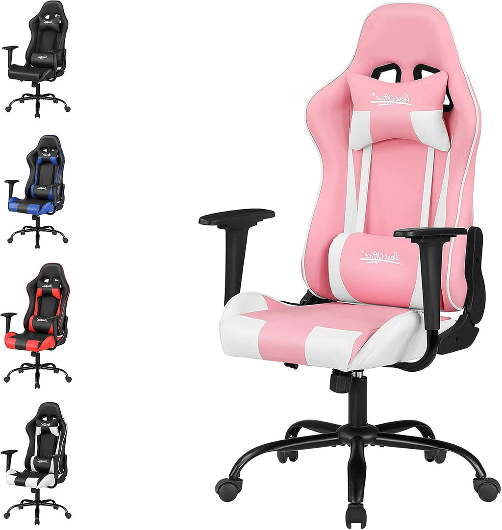 Gaming Chair, Video Game Chair, Cheap Computer Gaming Chair PU Leather High Back PC Gaming Chair Ergonomic Racing Swivel Office Desk Chair with Headrest and Lumbar Support for Adults Kids Pink