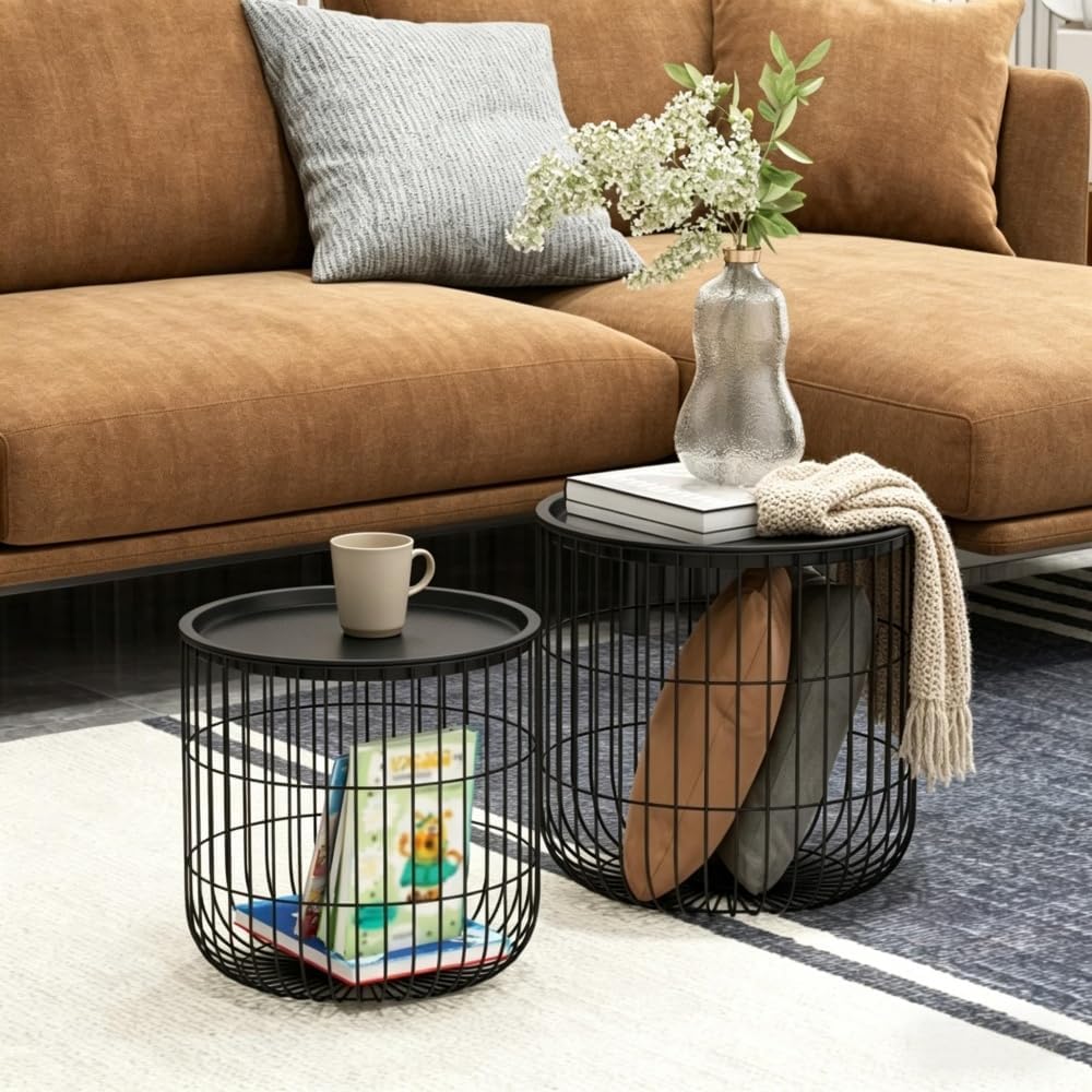 Metal Wire Basket Side Tables, Black, Set of 2, Nesting Design with Storage, Powder-Coated Steel, No Assembly Required