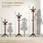 Tangkula Coat Rack Freestanding, Solid Rubber Wood Coat Tree with 11 Hooks and 3 Height Options for Coats, Hats, Bags, Purses, Clothes, Hanger Stand for Entryway Hallway Bedroom Office (Reddish Brown)