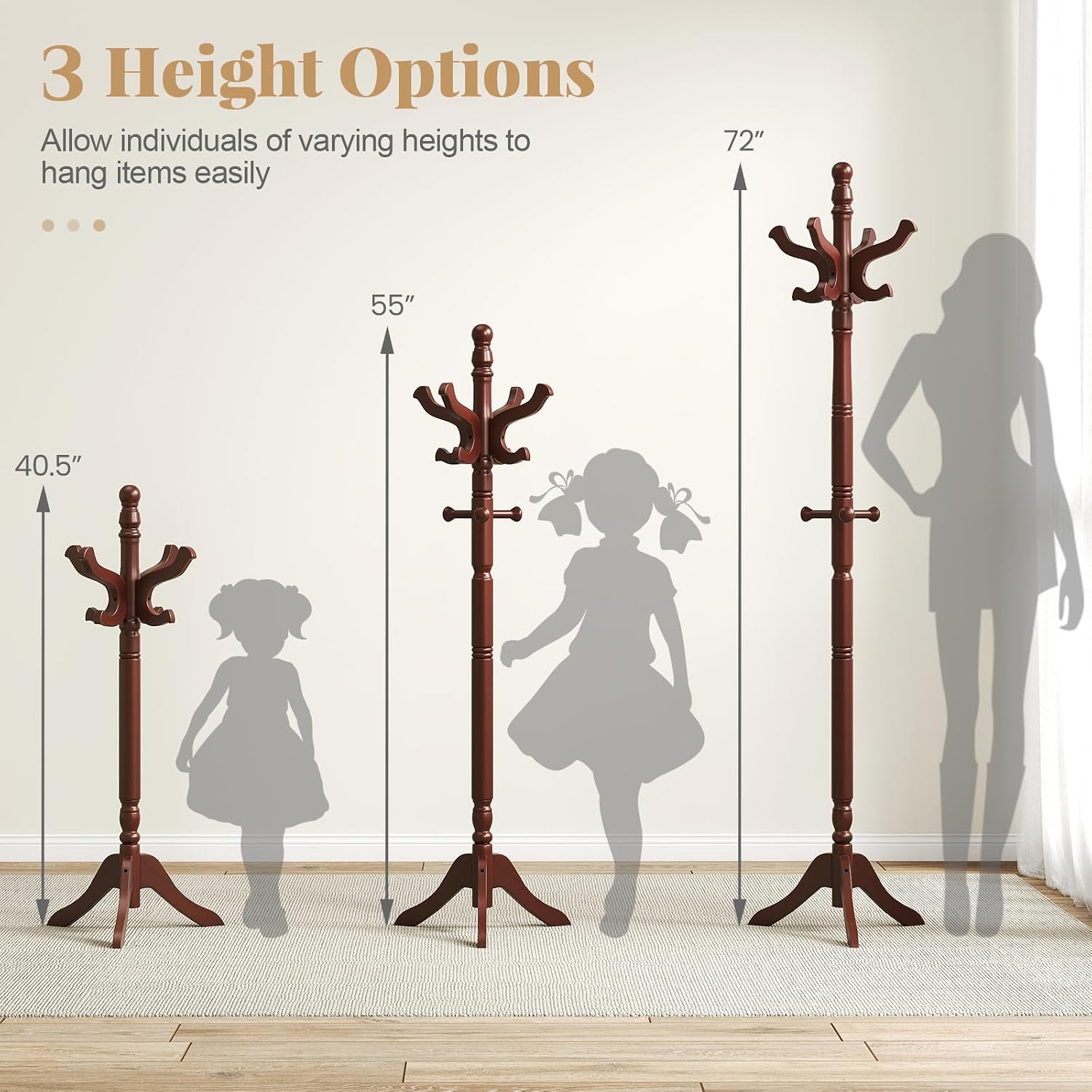 Tangkula Coat Rack Freestanding, Solid Rubber Wood Coat Tree with 11 Hooks and 3 Height Options for Coats, Hats, Bags, Purses, Clothes, Hanger Stand for Entryway Hallway Bedroom Office (Reddish Brown)