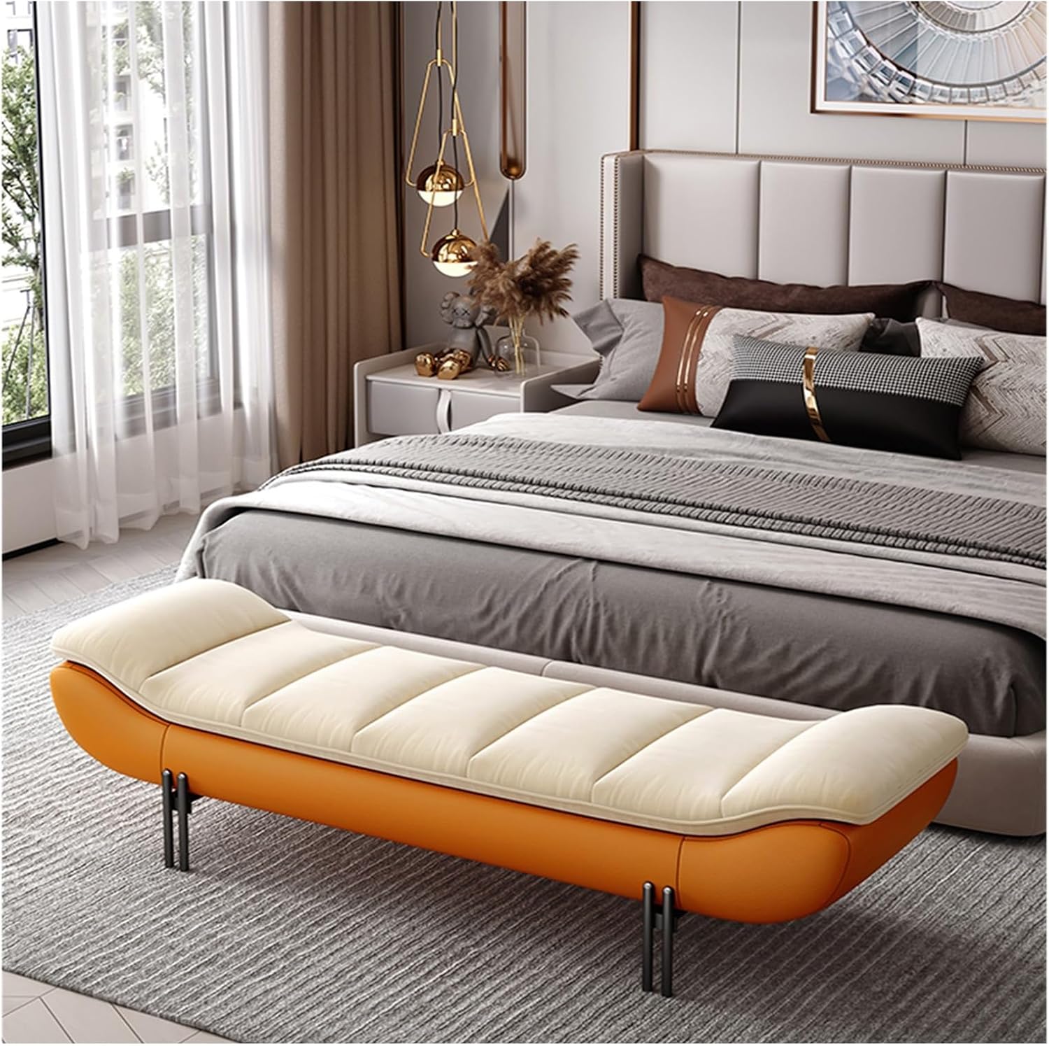Modern Leathers End of Bed Bench for Bedroom,Upholstered Storage Ottoman Entryway with for Living Room Entryway(Orange,180 * 50 * 42cm)