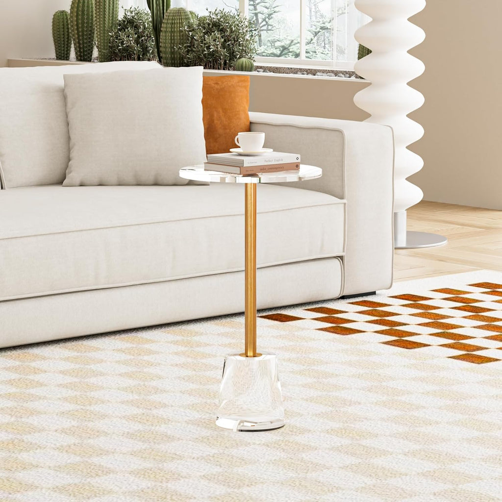 Clear Acrylic Table, Round Modern Side Table, Small End Table, Brushed Brass Metal, Acrylic Furniture for Office, Living Room and Bedroom, 12" L x 12" W x 21.65" H