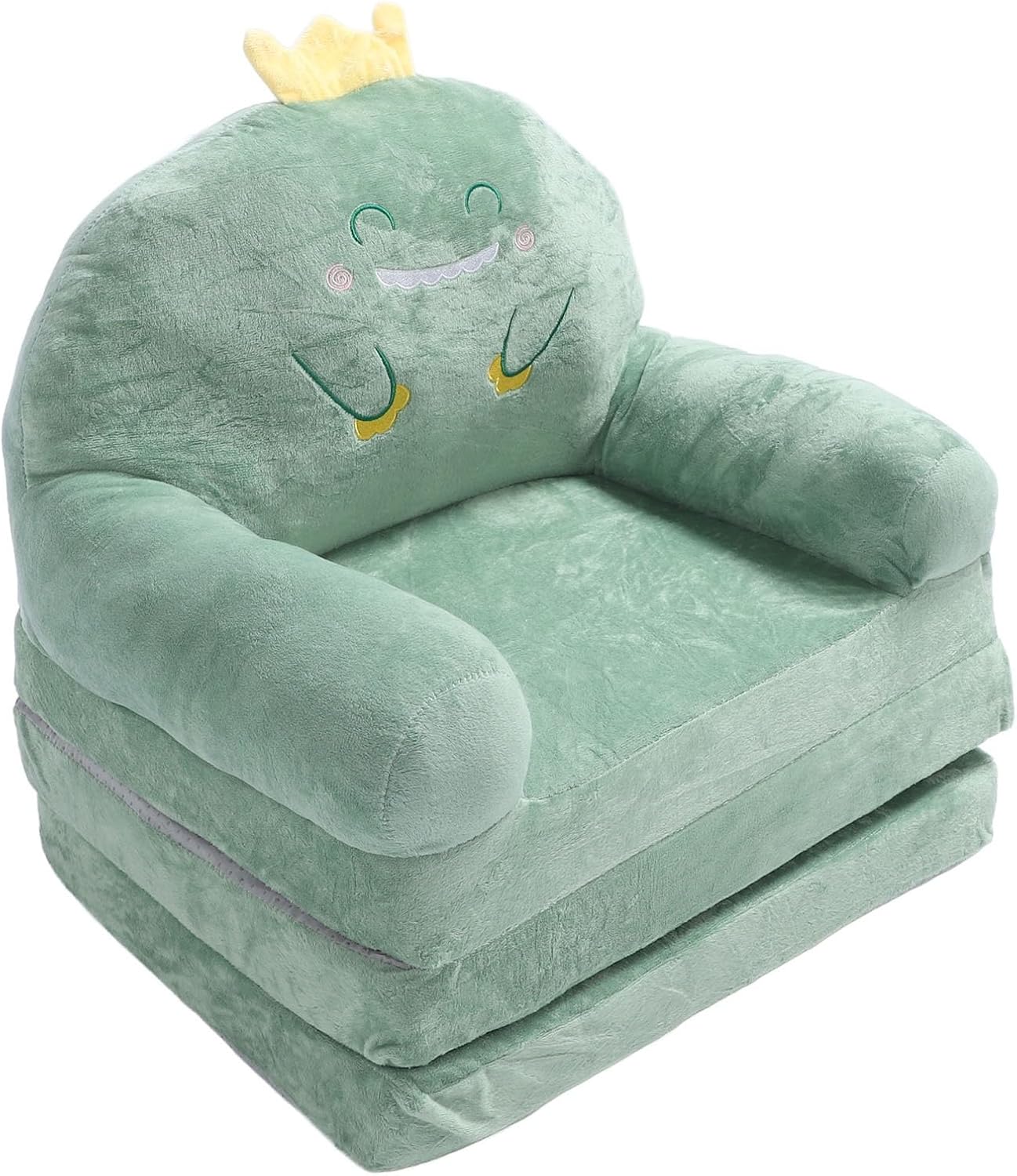 Cartoon Green Dinosaur Kids Sofa, Foldable Toddler Chair with Wide Handle, Soft Breathable Mini Couch for Reading, Relaxing, Sleeping (Folding in Thirds)