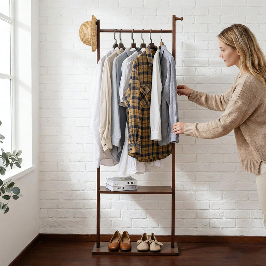 latifolia Clothes rack, Solid Wood Clothing Rack Witch Hooks and Shelves, 23.6 inch Garment rack With Storaege for Living Room, Walnut