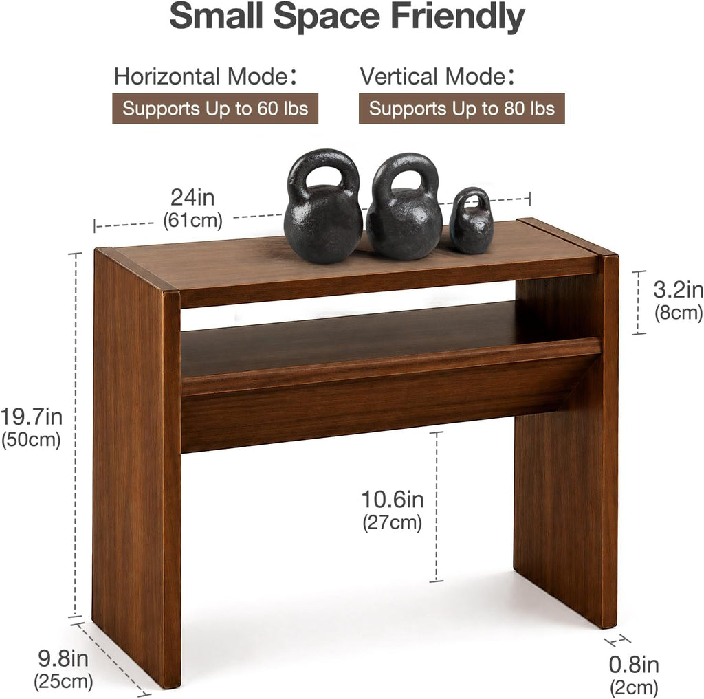 2-in-1 C-Shaped End Table & Side Table, Solid Rubberwood Side Table with Storage Shelf, Small End Table for Sofa Couch, Mid-Century Narrow Nightstand for Living Room Bedroom & Small Spaces