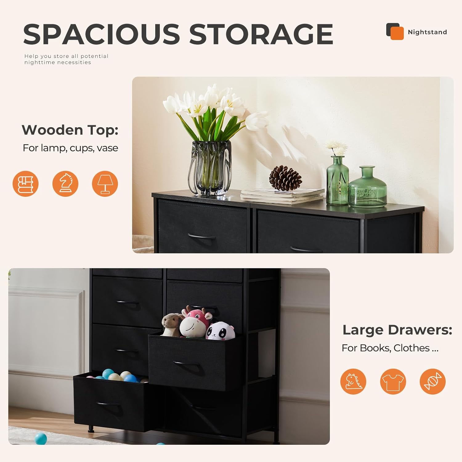 Sweetcrispy Dresser, Dresser for Bedroom Organizer Storage, Fabric Storage Tower with 8 Drawers, Chest of Drawers with Steel Frame, Wood Top for Living Room, Closet, Black