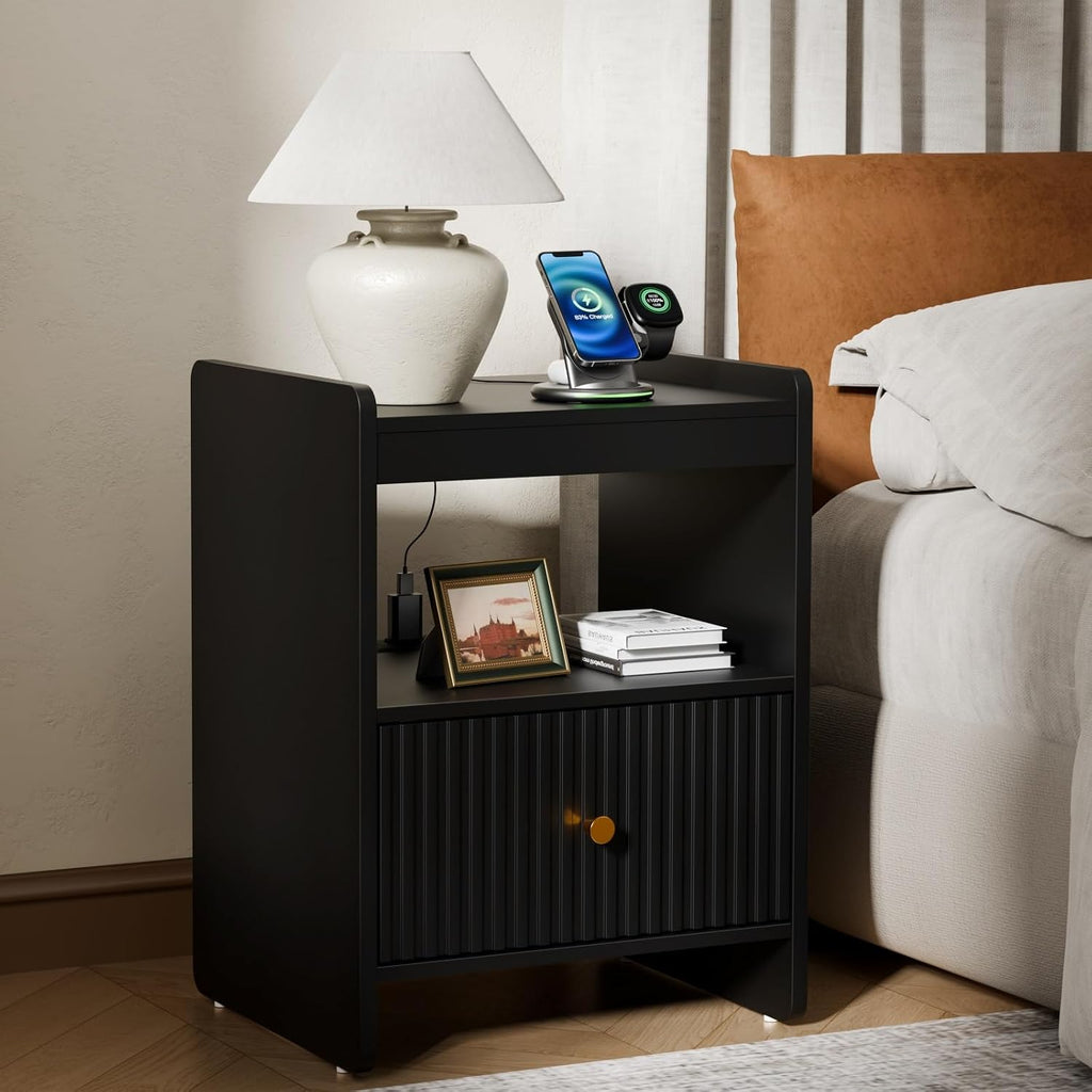 HIFYOBRO 21.6" Fluted Nightstand, End Table with Charging Station and LED Light, Modern End Side Table with Drawer (Black)