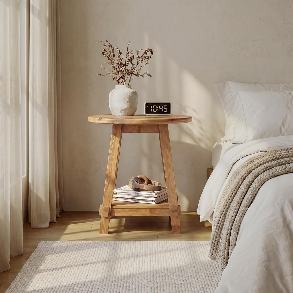 LITTLE TREE End Table for Living Room, 2-Tier Sofa Couch Table with Storage, Farmhouse Small Solid Wood End Table, Sofa Side Table for Living Room, Bedroom and Balcony (23.62" W x 25.98" H)