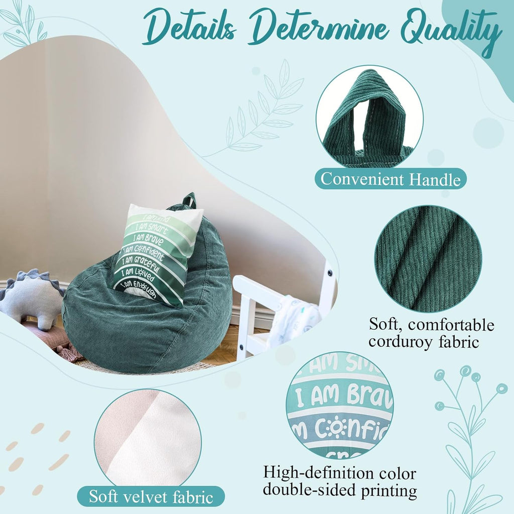 Cozy Corner for Kids Classroom Storage Bean Bag Chair Cover (No Filler) with Rainbow Throw Pillow Covers, Bean Bag Chair for Reading Nook, Classroom, Nursery(Small, Rainbow, Green)